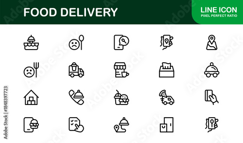 Food Delivery Line Icon Set – Professional Minimal Outline Icons for Apps, Websites, and Digital Services, Modern Vector Graphics Pack