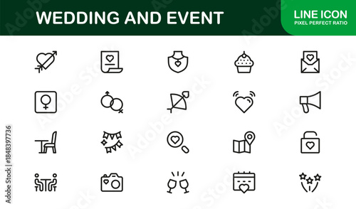Wedding and Event Professional Line Icon Set with Modern Minimalist Vector Design for Elegant Celebrations and Special Occasions