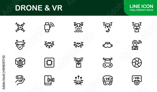 Drone and Virtual Reality line icon set – Modern professional vector icon collection for tech, innovation, and smart device industries.
