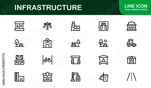 Modern Infrastructure Line Icon Set – Professional minimal vector symbols for urban planning, construction, and technology.