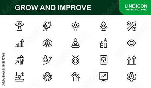 Modern line icon set – Professional minimal growth and progress symbols, sleek vector outline icons for business, finance, and development.