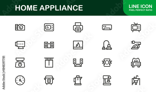 Modern Home Appliance Line Icon Set – Professional minimal kitchen and electronics vector collection for digital projects
