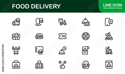 Food Delivery Line Icon Set – Professional Minimal Outline Icons for Apps, Websites, and Digital Services, Modern Vector Graphics Pack