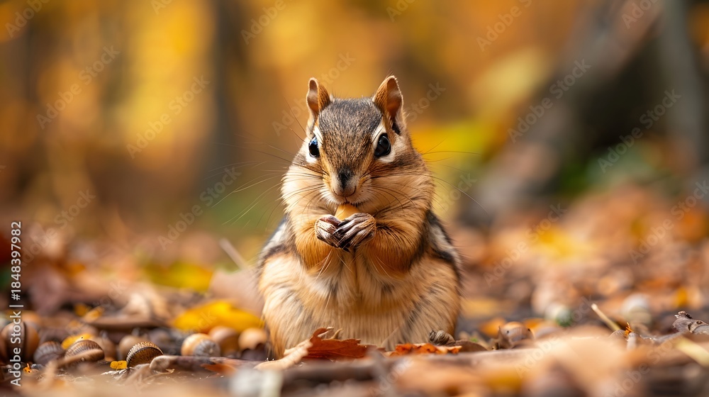 Obraz premium Chipmunk Eating Nuts In Autumn Forest