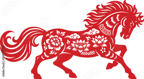 Intricate red paper cut of a horse with floral patterns for chinese new year