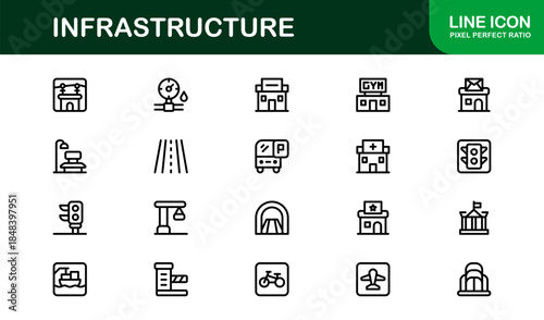 Modern Infrastructure Line Icon Set – Professional minimal vector symbols for urban planning, construction, and technology.