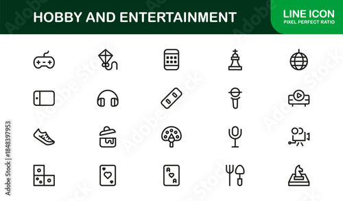 Hobby Entertainment Line Icon Set – Professional Minimal Vector Icons for Creative Projects, Leisure Activities, and Fun Pastimes