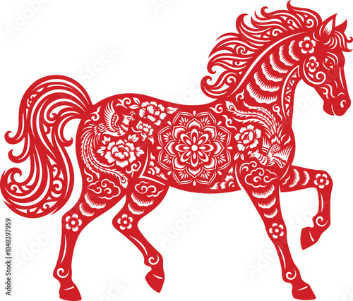 Intricate red paper cut of a horse with floral patterns symbolizing chinese new year