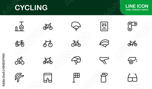 Cycling essentials in modern line icon set featuring minimal, stylish, and versatile illustrations of biking, gear, helmets, and sports accessories. Perfect for premium digital content.