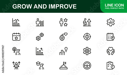 Modern line icon set – Professional minimal growth and progress symbols, sleek vector outline icons for business, finance, and development.