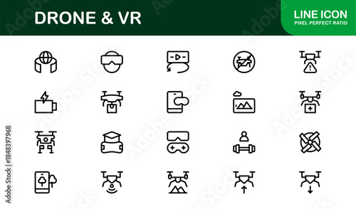 Drone and Virtual Reality line icon set – Modern professional vector icon collection for tech, innovation, and smart device industries.