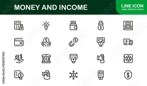 Modern Money Line Icon Set – Professional minimal outline icons for finance, income, and investment in crisp vector style.