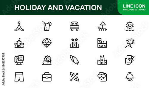 Holiday Vacation Line Icon Set – Modern Minimal Outline Icons for Travel, Beach, Summer, and Relaxation Themes
