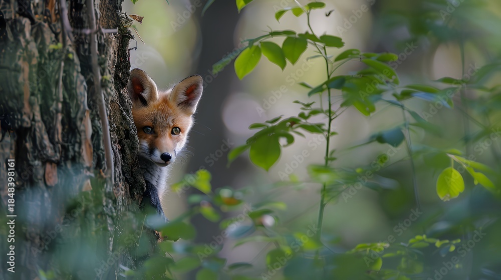 Obraz premium Curious Red Fox Peeks From Behind a Tree