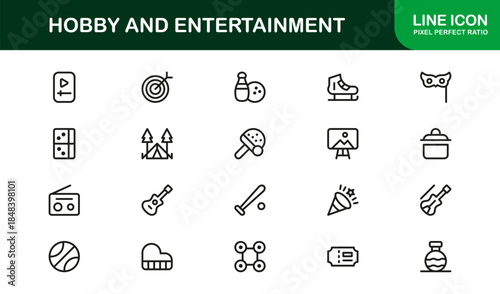 Hobby Entertainment Line Icon Set – Professional Minimal Vector Icons for Creative Projects, Leisure Activities, and Fun Pastimes