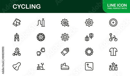 Cycling essentials in modern line icon set featuring minimal, stylish, and versatile illustrations of biking, gear, helmets, and sports accessories. Perfect for premium digital content.
