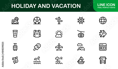 Holiday Vacation Line Icon Set – Modern Minimal Outline Icons for Travel, Beach, Summer, and Relaxation Themes
