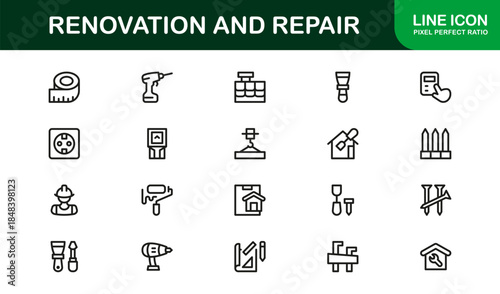 Professional Renovation Line Icon Set – Modern, minimal vector icons for home repair, construction, and tools in a clean outline collection.