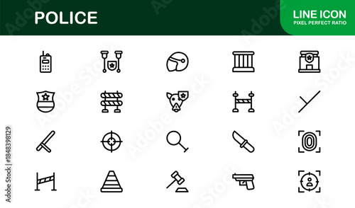 Police line icon set – Professional minimal law enforcement symbols in crisp vector outline style for versatile use