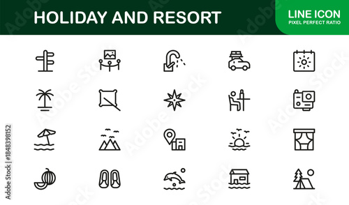 Holiday and Resort Modern Line Icon Collection with Unique Minimalist Professional Vector Symbols for Travel, Vacation, and Relaxation