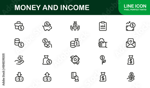 Modern Money Line Icon Set – Professional minimal outline icons for finance, income, and investment in crisp vector style.