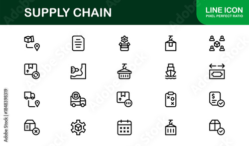 Supply Chain Line Icon Set – Professional Minimal Vector Icons for Logistics, Shipping, and Inventory Management