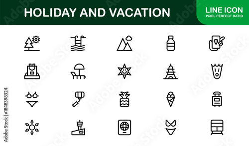 Holiday Vacation Line Icon Set – Modern Minimal Outline Icons for Travel, Beach, Summer, and Relaxation Themes
