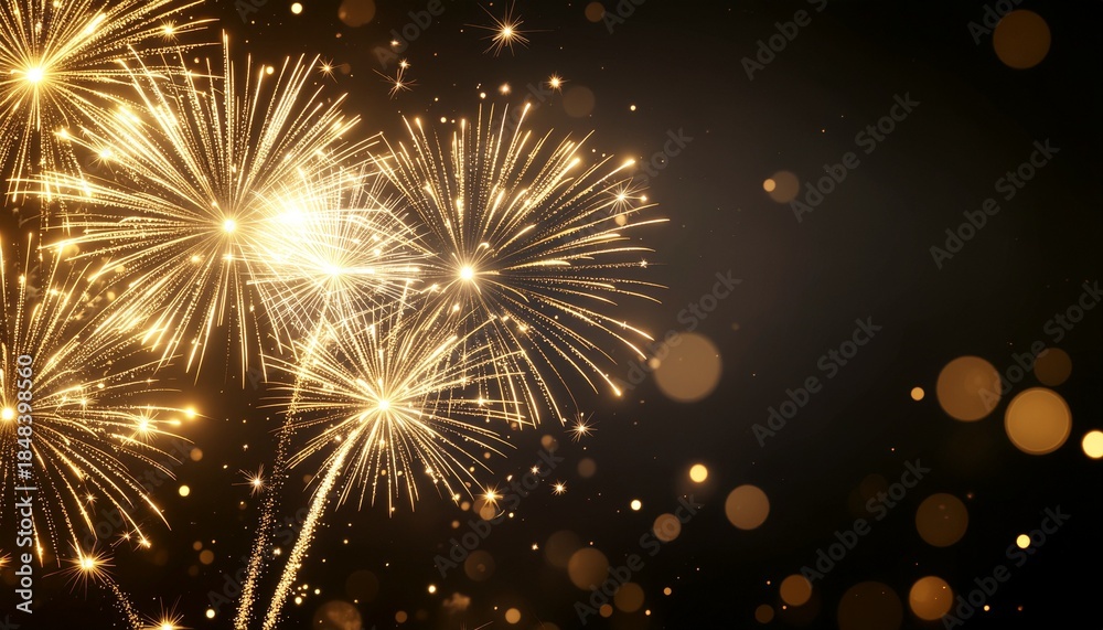 Obraz premium Luxurious golden fireworks exploding with sparkling bokeh lights against a dark abstract night background.