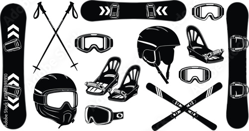 Snowboarding and skiing equipment silhouettes set, winter sports gear collection, black alpine adventure illustration vector icons for outdoor extreme activity design