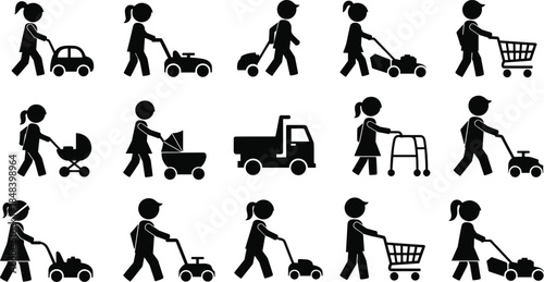 People silhouettes daily activities collection, walking pushing stroller shopping cart figures set, black lifestyle routine illustration vector icons for infographic design