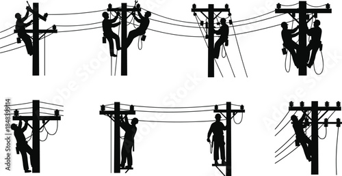 Electric linemen silhouettes working on utility poles, power line maintenance safety concept, industrial energy infrastructure vector illustration isolated black workers design set