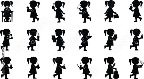 Silhouette illustration of a little girl performing daily activities such as eating, walking, drinking, carrying items, and interacting playfully, perfect for lifestyle, education, and character desig