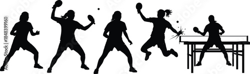 Dynamic silhouette illustration of table tennis players in various action poses, showcasing competitive movement, ping pong gameplay, athletic performance, and sports training concepts for vector d