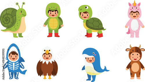 Cute kids wearing animal costumes cartoon characters collection including turtle unicorn shark eagle whale cow for children illustration design