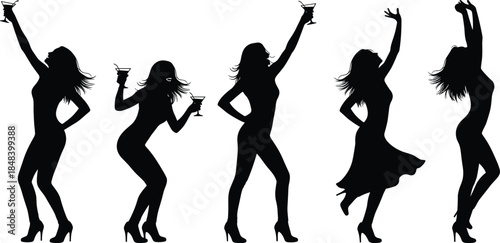 Elegant party women silhouettes dancing with cocktails showing nightlife, celebration, fashion, confidence, glamour and modern social lifestyle on white background