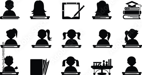 School activity silhouette icons, students at desk, books, science lab, education vector set, classroom scene, learning, black shapes, study, children