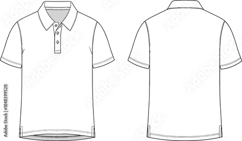 Blank Men Polo Shirt Technical Flat Sketch Front and Back View CAD Drawing Apparel Template Vector Illustration for Fashion Design Mockup