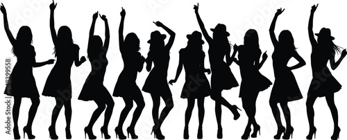 Group of dancing women silhouettes raising hands in party celebration isolated on white background for nightlife music fashion design