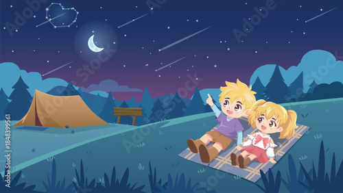 Cute cartoon couple stargazing at heart constellation on camping night. Sitting on a hill with a forest backdrop during the nighttime. Romantic Valentine vector illustration