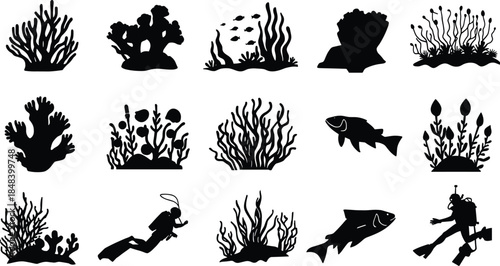 Underwater silhouette icons, coral reef vector set, fish, scuba diver, marine life, ocean nature, black shapes, sea exploration, diving