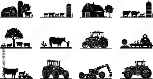 Farm silhouette vector set, rural scenes, livestock icons, tractor illustrations, agricultural equipment, cow and sheep clipart, countryside graphic pack