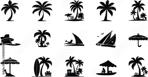 Tropical beach silhouette vector set, palm trees, huts, umbrellas, vacation icons, summer relaxation, seaside elements, travel clipart, holiday scene pack