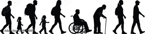 People silhouette evolution showing walking generations, children to elderly, disability inclusion, backpack travelers, family life cycle, diversity, lifestyle concept illustration