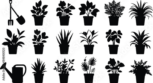 Silhouette potted plants vector collection, black houseplant icons, gardening tools, indoor foliage, botanical shapes, decorative greenery, minimalist plant clipart set