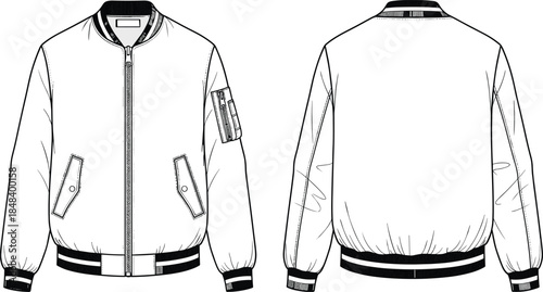 Unisex Bomber Jacket CAD Drawing Flat Vector Illustration with Zipper Closure, Utility Sleeve Pocket, Ribbed Trim, and Striped Details for Fashion Tech Pack
