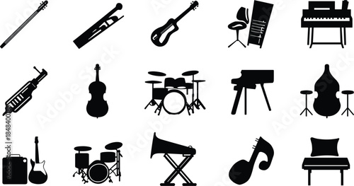 Musical instrument silhouette collection, black vector icons of orchestra and band equipment, music gear shapes for design, creative sound illustration set