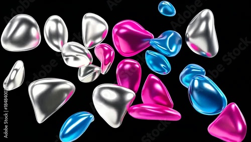 Abstract 3D rendering of floating reflective metallic blobs in chrome magenta and blue colors dynamic background digital art