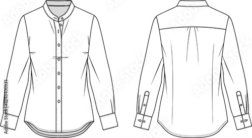 Women long sleeve shirt technical sketch front and back view fashion apparel template detailed professional cad drawing flat vector illustration