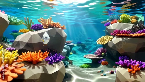 Low Poly Underwater Coral Reef Colorful Fish Geometric Ocean Life Background 3D Render