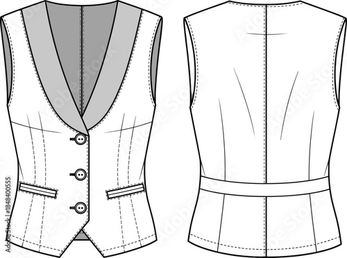 Women Waistcoat Vest CAD Drawing Flat Vector Illustration with Shawl Collar, Three Button Closure, Besom Pockets, and Back Waist Band Detail